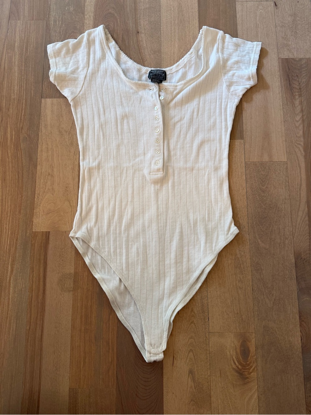 Ralph Lauren Cream Ribbed Women’s One-Piece Bodysuit with Front Buttons
